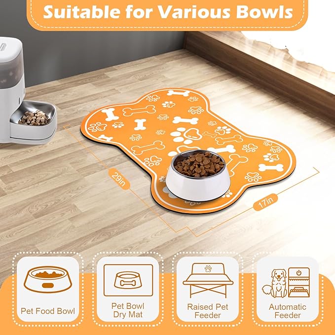Dog Cat Mat for Food and Water,Rapid Absorbent Pet Feeding Mat, Bone Shaped Dog Placemat Bowl Mat with Rubber Backing,No Stains Pet Food Mats Indoor, Pet Accessories Supplies,Orange 17"×29"