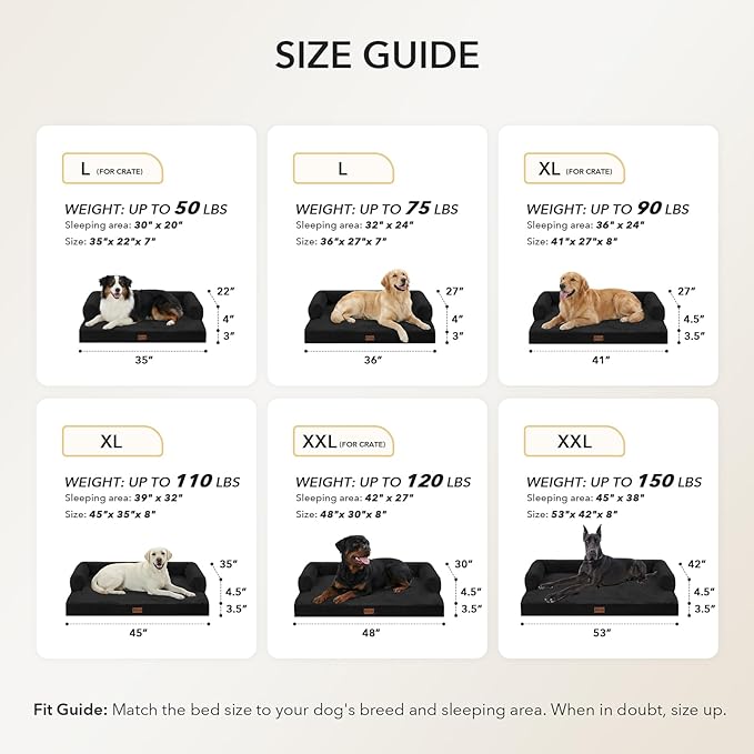 Orthopedic Dog Beds for Large Sized Dogs, Waterproof Egg Crate Foam Large Dog Couch Beds with Comfy Bolster 36x27Inch, Washable Pet Beds with Removable Cover and Nonskid Bottom, Black