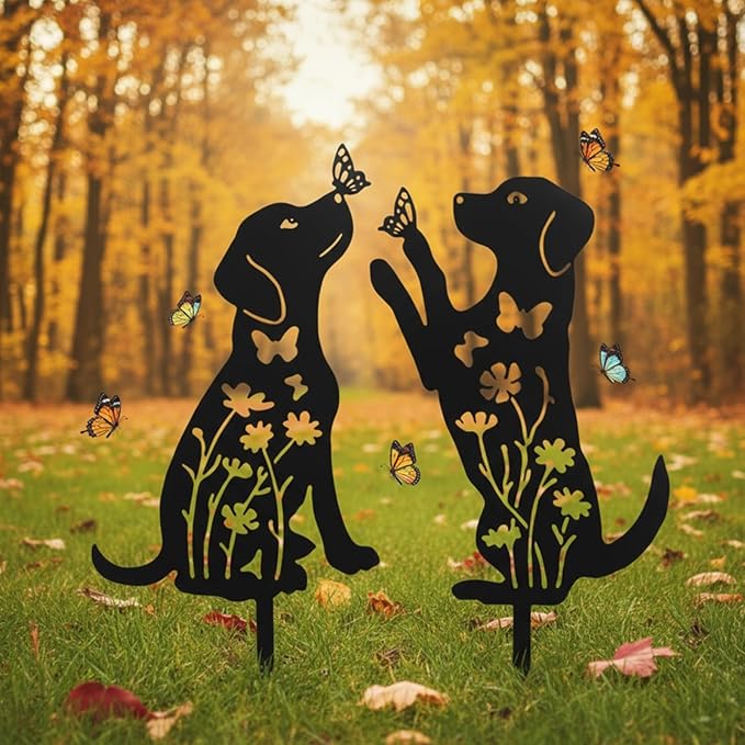 Metal Dog Garden Decor for Outside 2 Pack, 17" Puppy Decorative Garden Stakes, Black Dog Silhouette Outdoor Decor, Pet Yard Art, Weather Resistant Steel Yard Decor