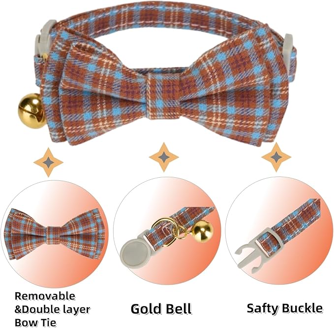 2 Pack Cotton Cat Collar, Removable Bowtie, Plaid Pattern, Safety Breakaway Clasp, Adjustable for Cats.(Adult Cat, Beige and Red)