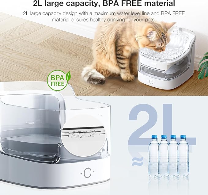 Cat Water Fountain 2L Automatic Pet Water Dispenser for Cats and Dogs 8-Layer Filtration System Wireless Pump 2.4G WiFi Smart Control Food-Grade Material Indoor Pet Water Bowl(PF1L)