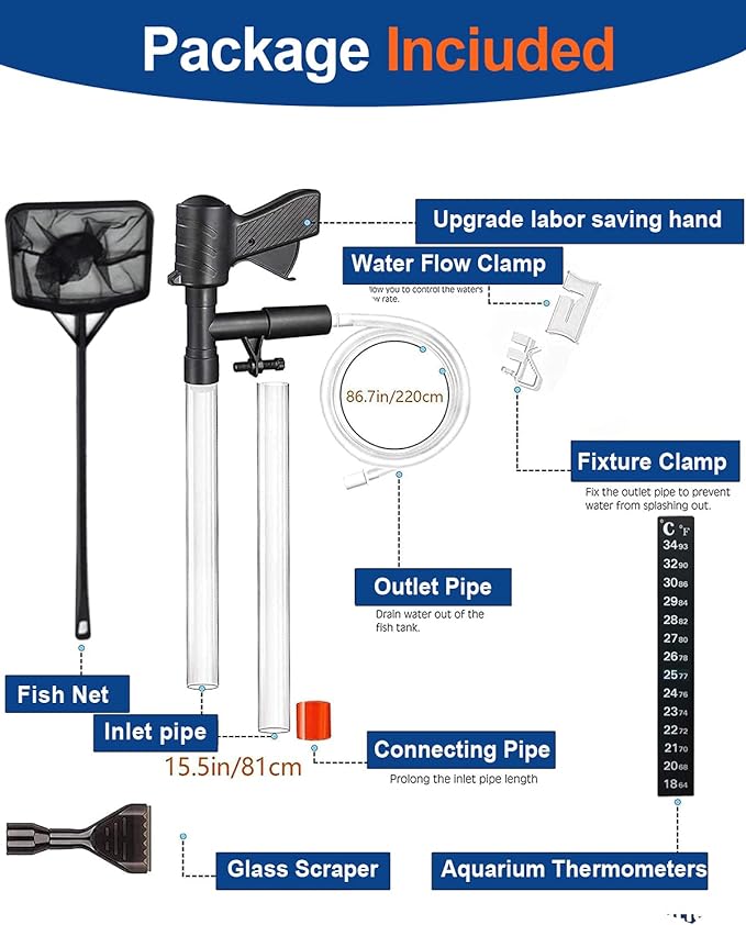 QZQ Aquarium Gravel Cleaner [2026 Edition] Vacuum Fish Tank Vacuum Cleaner Tools for Aquarium Water Changer with Aquarium Thermometers Fish Net kit Use for Fish Tank Cleaning Gravel and Sand