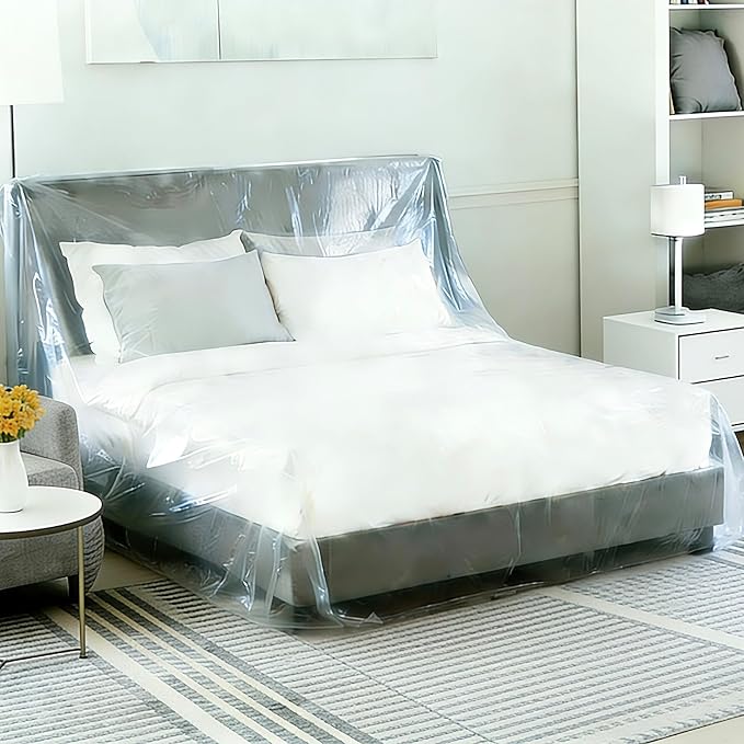 Plastic Bed Cover - Waterproof Furniture Sofa Couch Protector from Cat Full Extra Large King Queen Bed Storage Dust Cover for Moving
