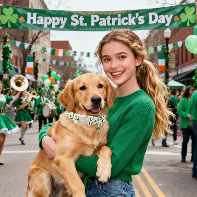 DOGWONG St Patrick's Dog Collar, Green Clover Pet Collar Cotton Holiday Pet Collar Cute Puppy Collar Adjustable Pet Dog Collars for Small Medium Dogs,M