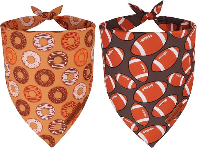 ADOGGYGO Dog Bandanas Boy Girl, Reversible Football Donuts Pet Scarf, Premium Fabric, Adjustable Fit Brown Football Bandanas for Small Large Dogs (Small)