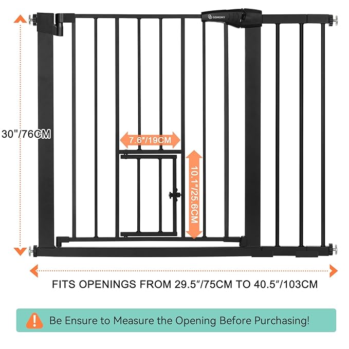 COMOMY Auto Close Baby Gate with Cat Door, 29.5"-40.5" Extra Wide Dog Gate for House Doorways Stairs, Pressure Mounted Easy Walk Thru Pet Gate, Includes 4 Wall Cups and 2 Extension Pieces, Black