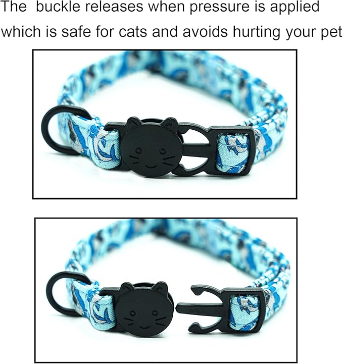 Cat Collar-2 Pack Collars Dinosaur & Shark Cat Collar Breakaway with Kitten and Bell Pendant Safety Buckle Pet Collar Cute Cotton Collar for Cats Gift and Small Pets