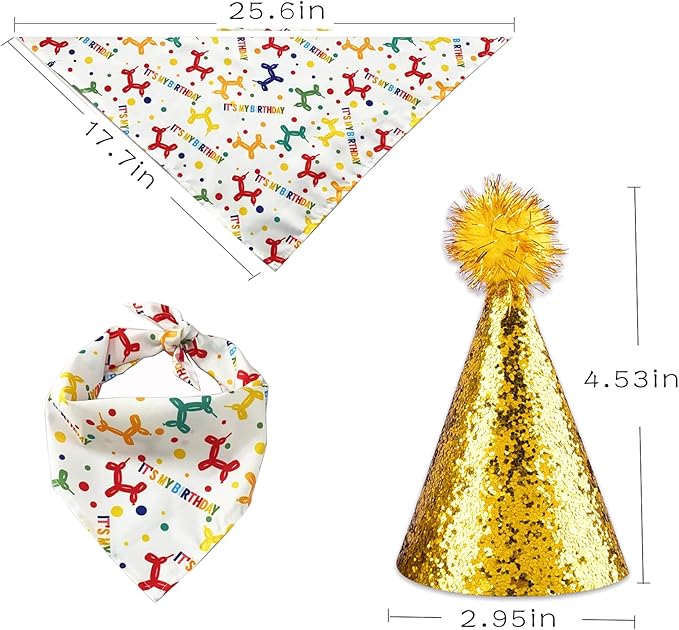 Dog Birthday Hat and Bandana for Boy/Girl Pet Party Supplies - Scarf for Small, Medium, Large Dogs (Gold)