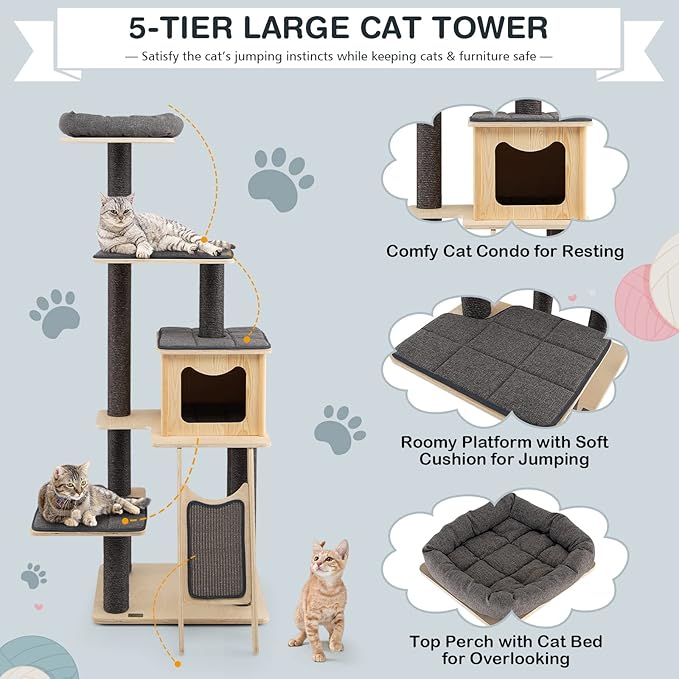 PETSITE 69-inch Tall Wooden Cat Tree Tower, Modern Cat Activity Center Tree with Sisal Scratching Posts & Board, Condo & Top Perch for Indoor Cats, Grey