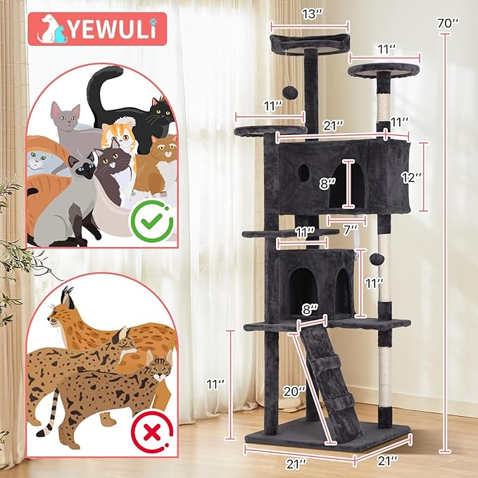 70in Cat Tree Cat Climbing Tower with Scratching Post, Cats House Perch Kitten Tree Condo Wood Playhouse, Pet Trees Tower for Indoor Cats, Dark Gray