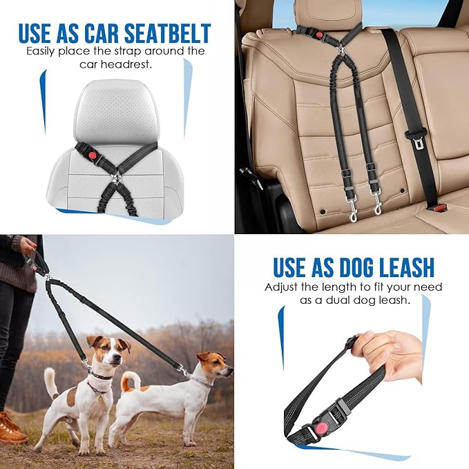 Dog Seat Belt for Car, Dual Pet Vehicle Headrest Restraint Safety Seatbelt,Two Dog Leash No Tangle Dog Car Leash Seat Belt,Duty Adjust Elastic Connect Harness in Vehicle Travel (Blue)