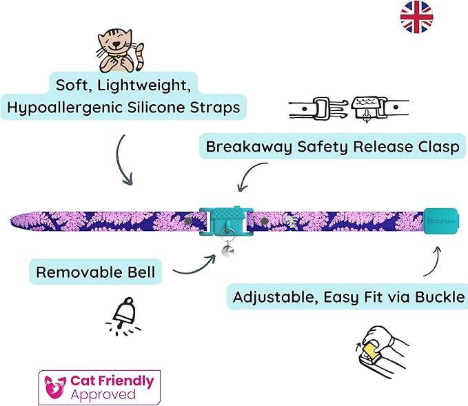 Kittyrama Botanicals Fern Kitten Collar. Award Winning. Hypoallergenic, Quick Release Breakaway, Comfy & Soft. Vet Approved. Other Styles Available