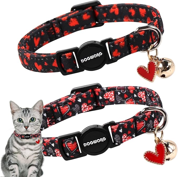 Cat Collar,2 Pack Cat Collars Breakaway with Bell, DOGWONG Safety Buckle Valentine's Day Cat Collar Cute Heart for Girl Boy Cats and Small Dogs，Adjustable 7-12 Inch,Pet Supplies Accessories