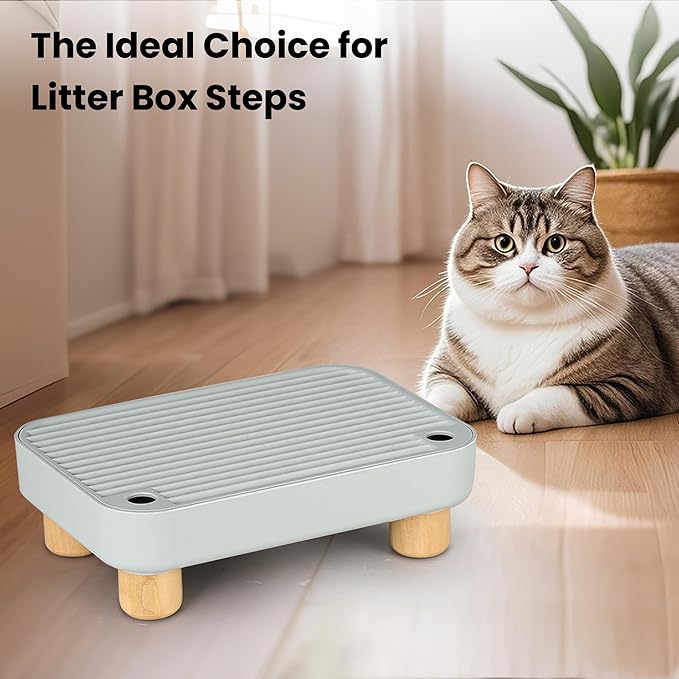 Litter Box Step, Litter Box Ramp/Catcher with Wooden Base, Anti-Tracking & Easy to Clean, Ideal for Small & Elderly Cats (Grey)