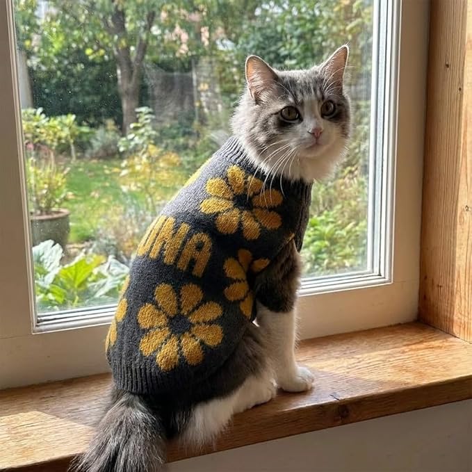 Custom Knit Sweater for Dogs and Cats with Personalized Name, Flower Pattern, Soft Knit Winter Apparel, Ideal for Pet Lovers, Cozy and Stylish Pet Clothing