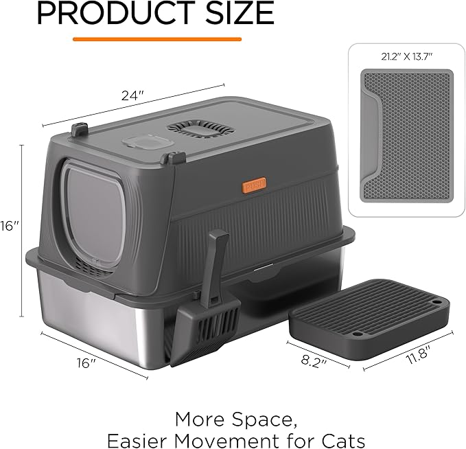Anywish Stainless Steel Cat Litter Box with Lid, XL Extra Large Enclosed Removable Metal Litter Box with Litter Scoop&Double Layer Litter Mat, Non-Sticky, Non-Odor, for Big Cats Dark Grey