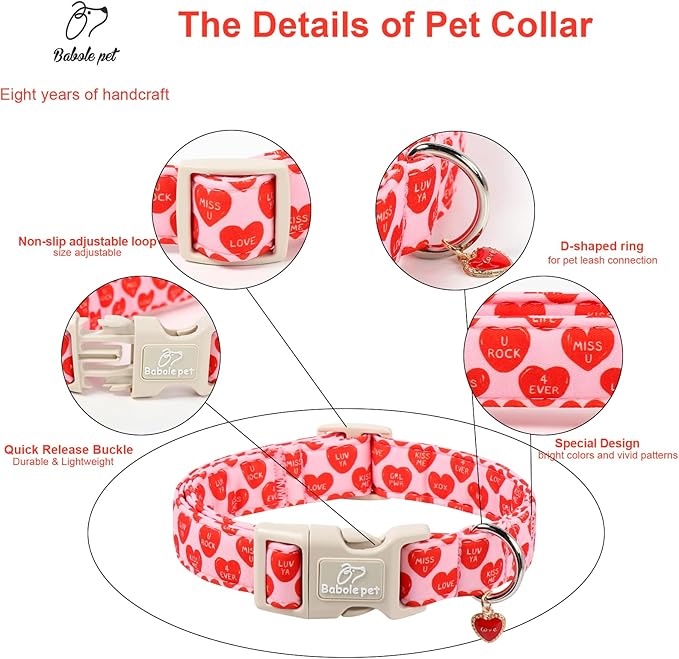Valentines Dog Collar for Large Dogs - Valentine Red Conversation Hearts Dog Collars, Love Boy Girl Dogs Collars, Lightweight Adjustable Cute Puppy Collar with Quick-Release Buckle L