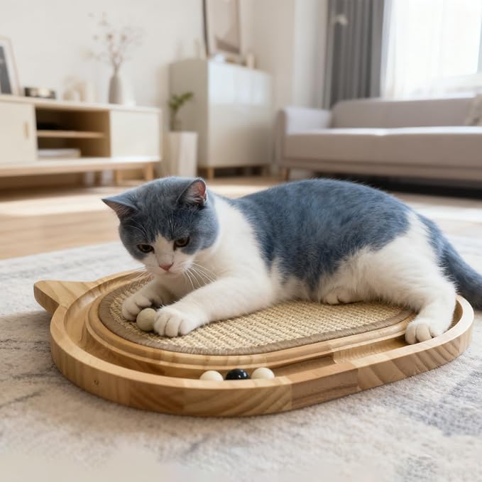 Wooden Interactive Cat Scratcher Toy with Ball Track, Sisal Scratch Pad for Indoor Cats, Kitten Toys for Chasing Hunting Mental Physical Exercise(17.4in*12.99in)