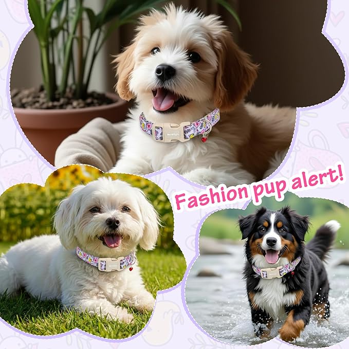 Easter Dog Collar for Mediuml Dogs, Easter & Spring Theme Medium Dog Collar with Cute Chick & Bunny Pattern, Adjustable Purple Easter Dog Collars Girl Boy Collar for Dogs -M