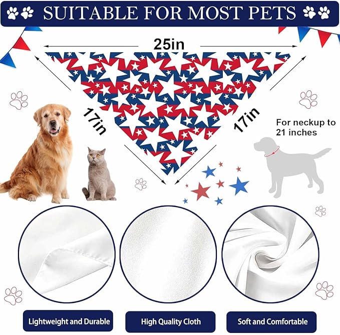 4th of July Dog Bandanas, 2PCS American Flag Patriotic Scarf, Independence Holiday Bandana,Premium Durable Triangle Reversible USA Bandana for Large Dogs