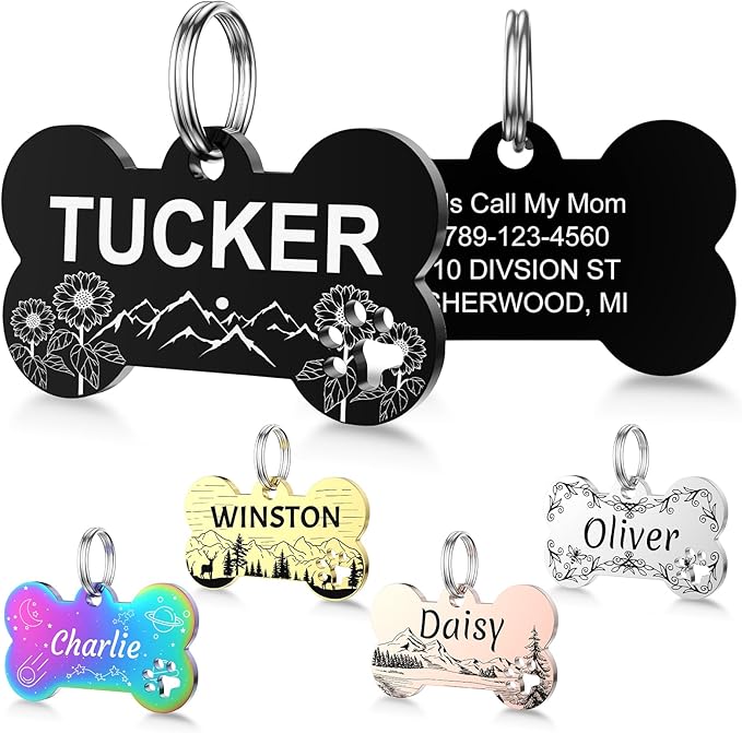 YEHANTI Dog Tags Personalized for Pets with Name Pattern Art Design - Engraved with Laser - Stainless Steel Cats Dogs ID Tags - Stylish Dog Collar Accessories (Paw Print Bone)