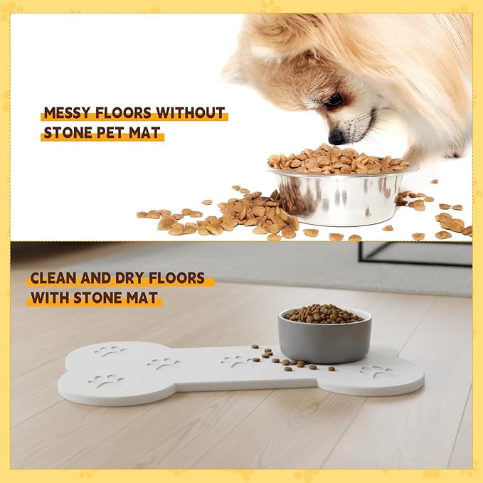 Diatomaceous Earth Dog Food Mat, Large 19.6"x9.8" Bone Shape with Paw Print Design, Super Absorbent Fast Drying Non-Slip Pet Bowl Mat for Food and Water, Waterproof Floor Mat for Small Medium Dogs