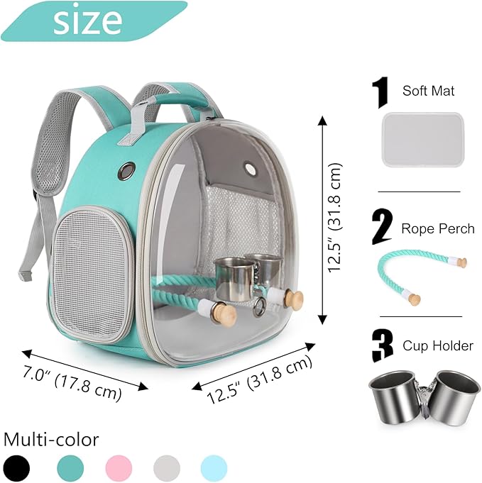 Small Bird Travel Backpack Carrier Cage, Backpack to Transport Backpack Carrier with Clamp Cups Stand Perch for Parakeet Cockatiel Budgies Vet Carry Book Bag Green