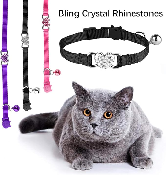 2 Pcs Cat Collars Heart Bling Breakaway with Bell Nylon Adjustable for Kitty(Black+Purple)