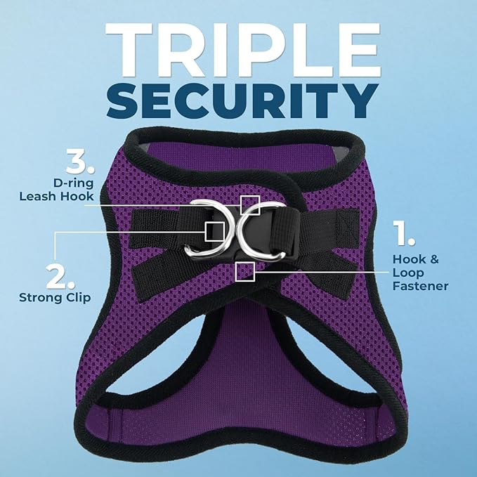 Best Pet Supplies - All Weather Mesh/Plush, Reflective, No Pull Harness for Small, Medium Dogs, Cats - Secure with Hook & Loop Fastener, Buckle, Double D-Rings - Purple/Black Trim, S