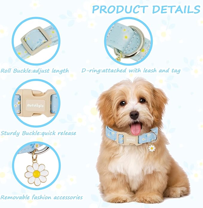 Dog Collar for Small Medium Large Dogs, Spring Blue Dog Collars with White Flowers, Adjustable Cotton Dog Collars, Cute Girl or Boy Dog Collar Ideal for Gifts,Pet Accessory,L