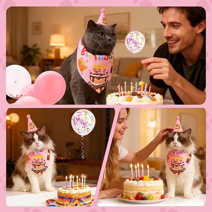 Dog & Cat Birthday Party Decorations Set Include Bandana, Adjustable Hat, Balloons, Happy Birthday Banner for Male and Female. Available for Small & Medium & Large Breeds (Pink)