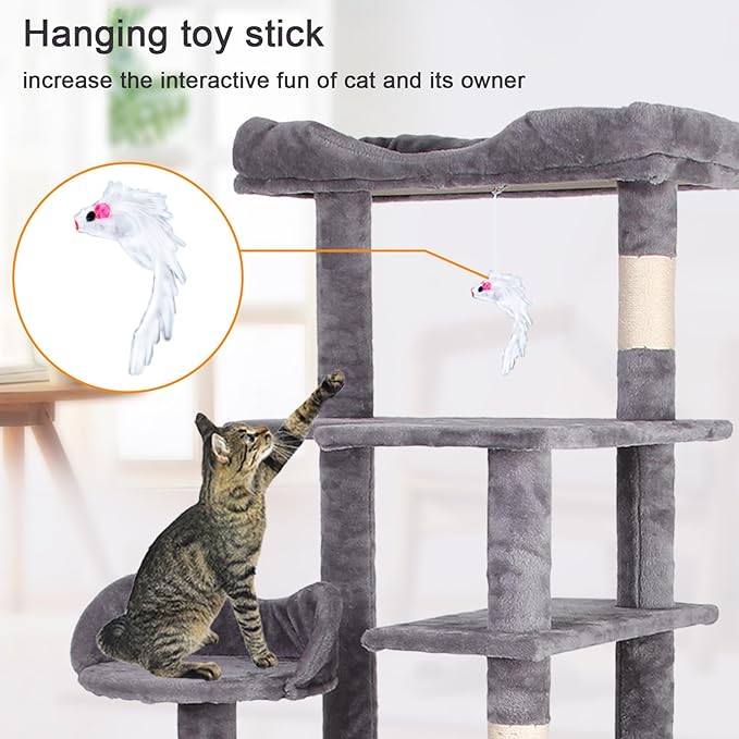 71'' Velvet Cat Climbing Frame, Multi-Level Cats Tree Tower with Scratching Posts, Large Top Padded Perch and Playhouse, Anti-Tipping Devices for Indoor Cats Activity Center (Antique Gray)