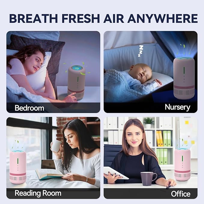 Air Purifiers for Home,HEPA Air Purifier for Room up to 960ft²,Air Purifiers for Odor,Dust,Quiet Air Cleaner for Office,Living Room,Bedroom,Kitchen,Type-C Charging,Included Adapter,Pink 1 Pack