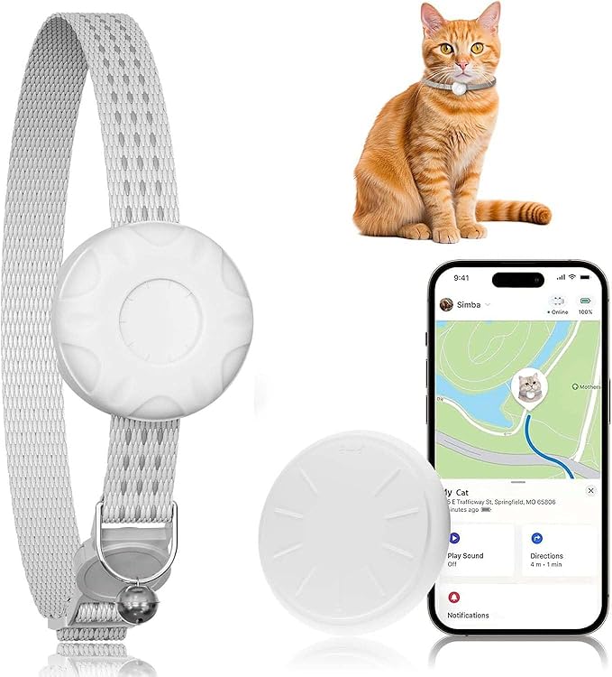 Smart Cat GPS Tracker, Compatible with Apple Find My App (Only iOS), No Monthly Fee, Waterproof (White Tracker, White Cat Collar)