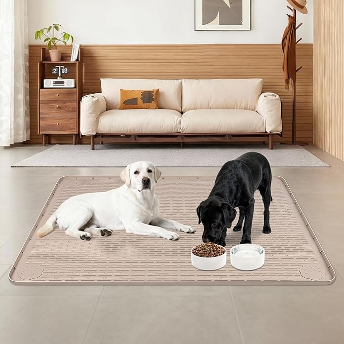 Lanstics Dog Food Mat, 40" x 28" Large Silicone Mat Dog Feeding Mat with Raised Edge Non-Slip Pet Feeding Mat for Food and Water Bowl, Easy to Clean, Floor Protection (Khaki)