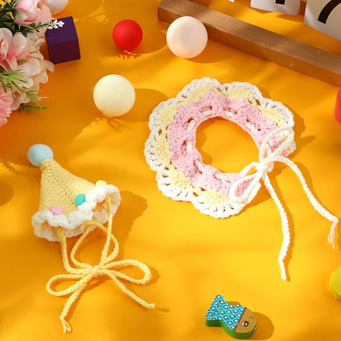 Sanwuta 2 Pcs Cat Birthday Party Supplies, Knit Cat Hat Kitten Birthday Bib Knit Bandana Pet Party Costume Headwear Accessories for Puppy Kitten Small Dogs Animals (Cream Yellow)