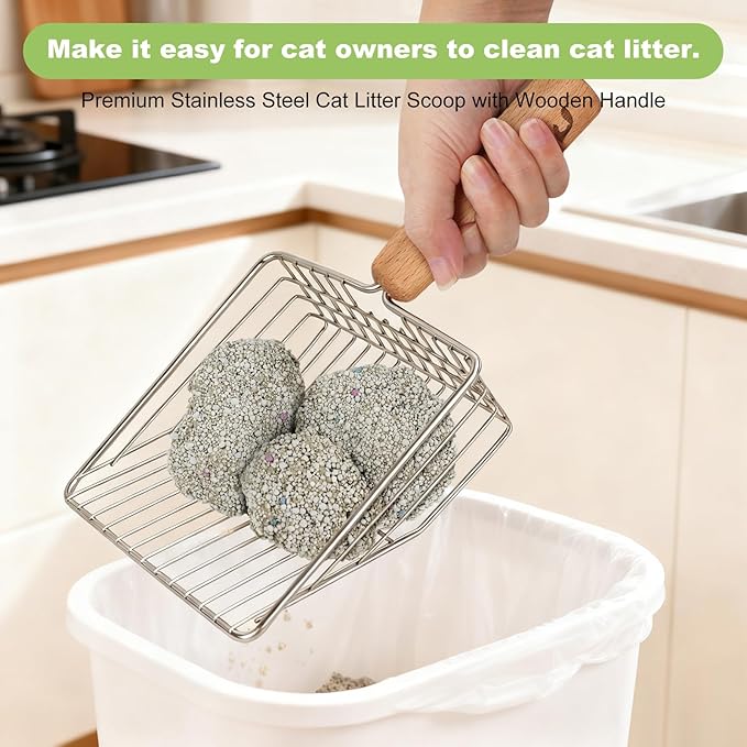 XBX Cat Litter Scoop with Holder, Sturdy Stainless Steel Litter Scooper, Wide Gap Litter Shovel with Beech Wood Handle for Easy Daily Litter Box Cleaning