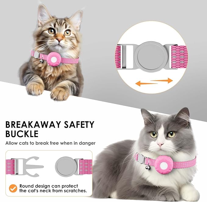 Smart Cat GPS Tracker, Cat Tracker Compatible with Apple Find My App (Only iOS), No Monthly Fee, Waterproof (White Tracker, Pink Cat Collar)