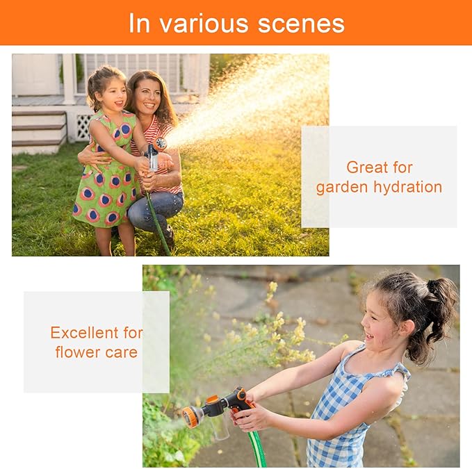 Garden Hose Nozzle, 8 Spray Patterns Dog Wash with Soap Dispenser, Pressure Hand Sprayer with Flow Control for Watering Plants & Lawns, with Pet bathing tools and car washing gloves