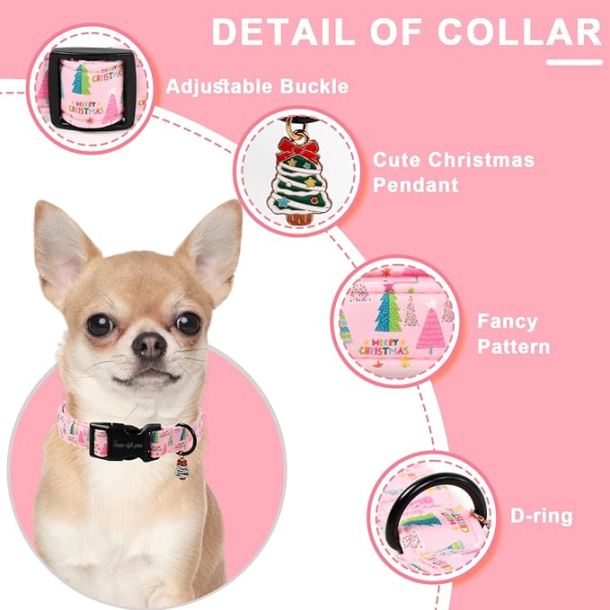 Unique Style Paws Christmas Dog Collar, Pink Dog Collar with Christmas Trees Pattern, Lightweight & Adjustable Pet Collar with Plastic Buckle for Small, Medium, Large Boy Girl Dogs