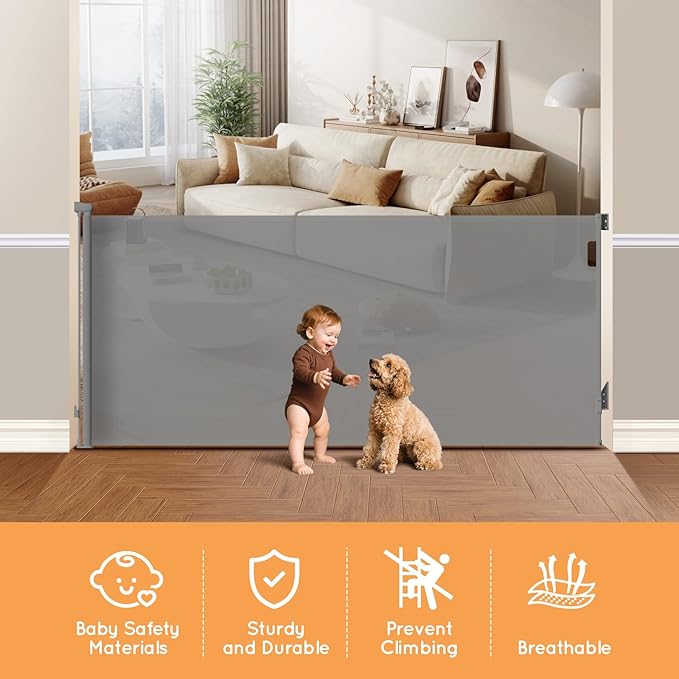 Retractable Baby Gate for Stairs, 55" Wide Mesh Pet Gate, Automatic Tension, One-Hand Operation, 38" Tall Baby Gates for Doorways, Hallways, Deck, Indoor Outdoor, Safe, Easy to Fit, Gray
