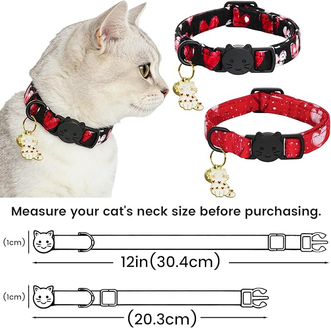 Valentine Cat Collar-2 Pack Collars Red and Black Heart Print Breakaway with Kitten and Bell Pendant Safety Buckle Adjustable Pet Collar for Cats Gift for Cats and Small Pets