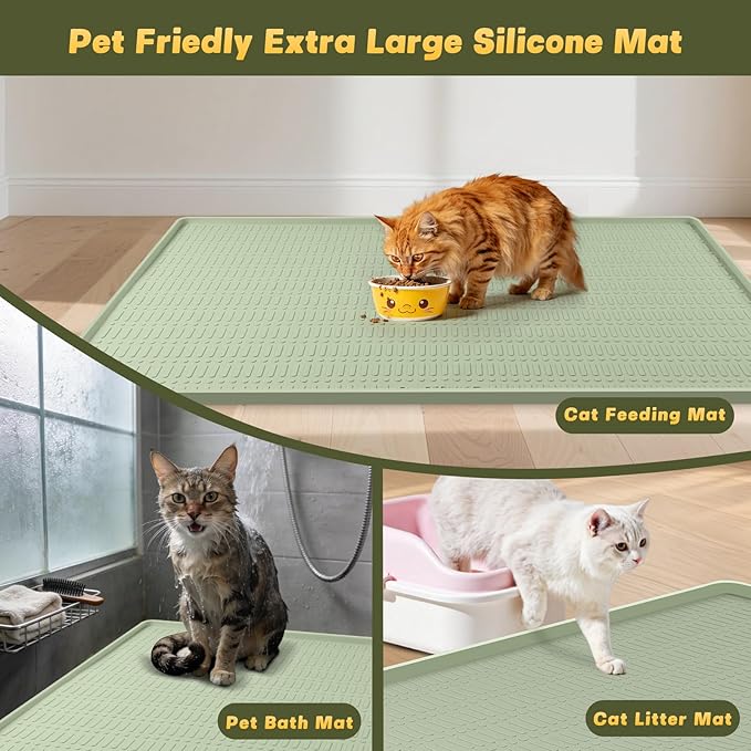 47" x 35" Silicone Cat Food Mat, Waterproof Pet Feeding Mat with Raised Edge, Extra Large Cat Bowl Mat Water Bowl Placemats for Cats, Non-Slip, Protects Floors, Easy to Clean (Light Green)