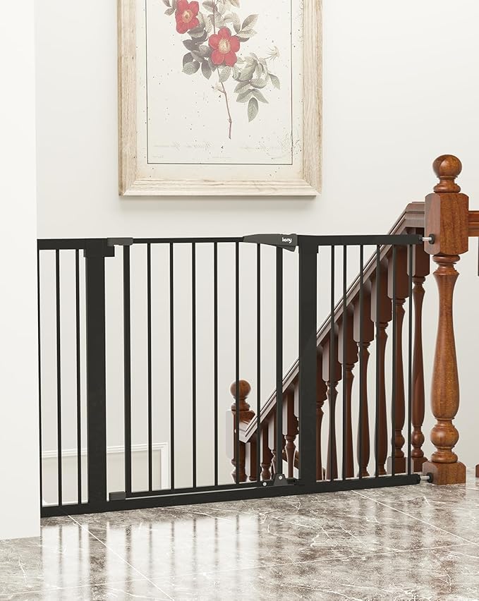 keny 29.7"-51.5" Extra Wide Baby Gate for Stairs, Easy Walk Thru Dog Gate with 21.1" Large Opening Door, Pressured Mounted No Drilling Pet Gate, 30" Tall, Black