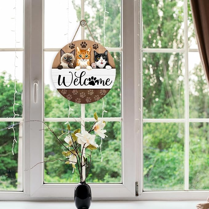 Deroro Welcome Cats Front Door Sign, Paw Prints Wood Door Hanger Outdoor Outside Porch Decor Pet Lover Owner Gifts, Farmhouse Wooden Wreath Indoor Wall Hanging Decoration