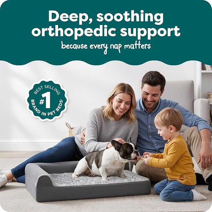 FurHaven Orthopedic Dog Bed for Medium Dogs, L-Shaped Chaise Mattress with Orthopedic Egg Crate & a Solid Orthopedic Foam Base for Joint Support, Washable Cover, Medium, Faux Fur & Suede, Stone Gray