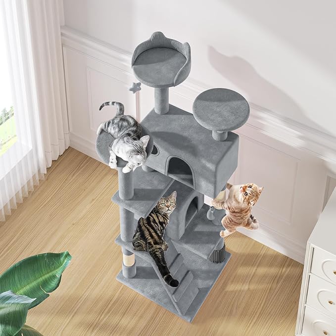MoNiBloom 54 Inch Cat Tree Tower for Indoor Cats Large Adults, Cat Tower with Scratching Post, Multi-Level Furniture Activity Center with Cat Condo Pet Play House, Light Grey