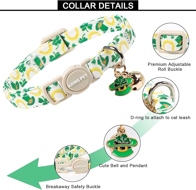 ARING PET 2 Pack St Patrick's Day Cat Collar, Breakaway Kitten Small Cute Green Lucky Clover Shamrock Collars with Bells for Girl Boy Cats
