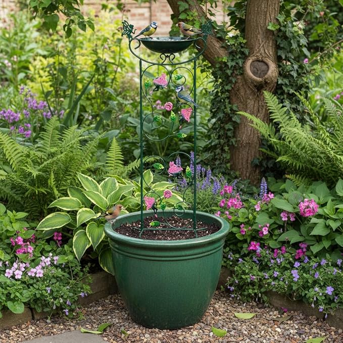 HONGLAND 36.5" Metal Bird Bath with Trellis, Outdoor Garden Birdbath with Detachable Bowl & Climbing Plant Support, Decorative Bird Feeder Station with Fairy for Yard, Patio, Fence
