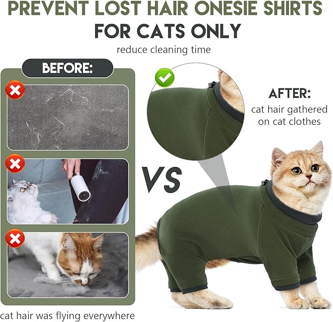 Sticky Cat Clothes Stretchy, Sphynx Hairless Sweater & Pajamas for Cats only, Soft Cat Onesie for Cats After Surgery Female Male & Hair Loss Prevention, Green M